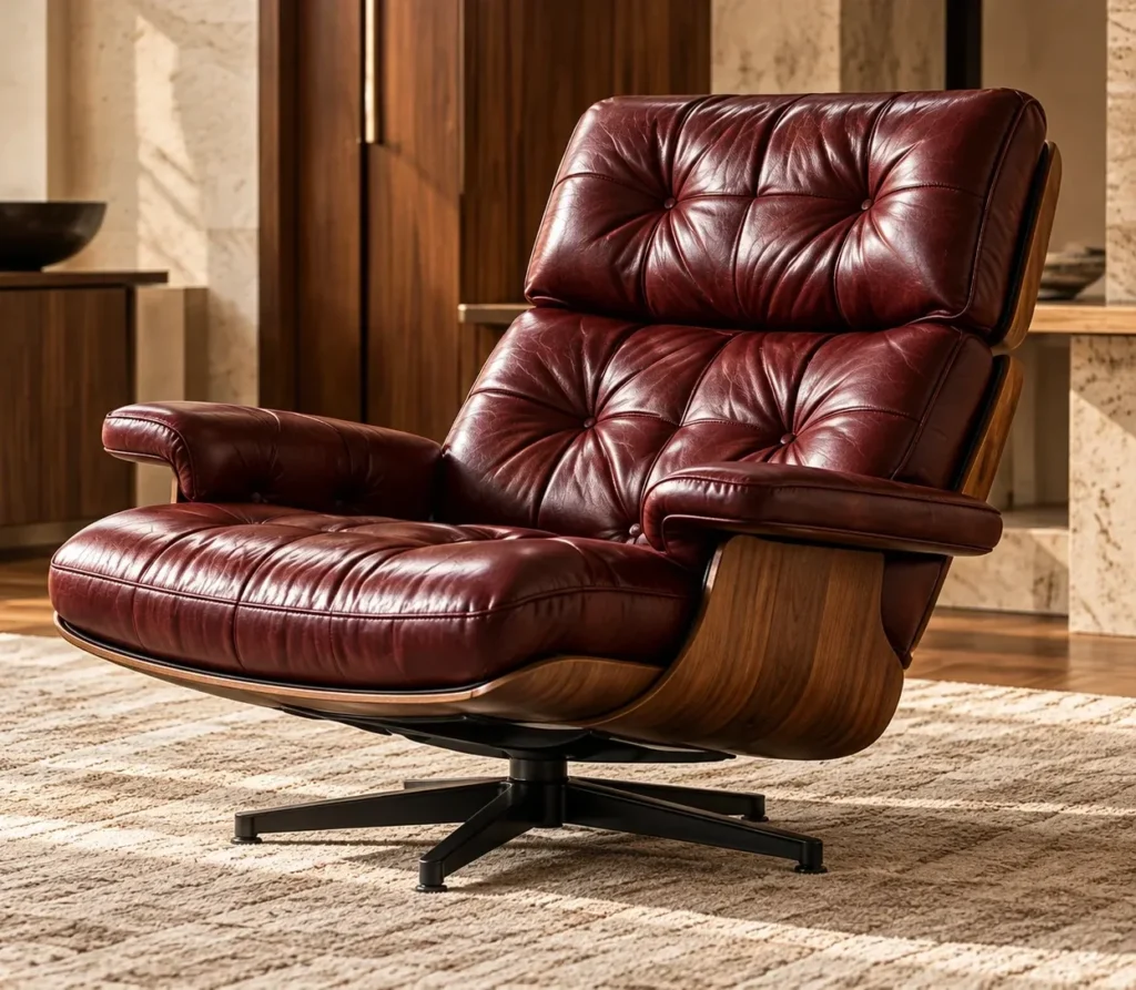 Tufted burgundy leather lounge chair, restored