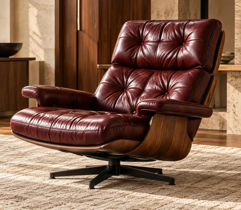 Burgundy tufted leather lounge chair restored