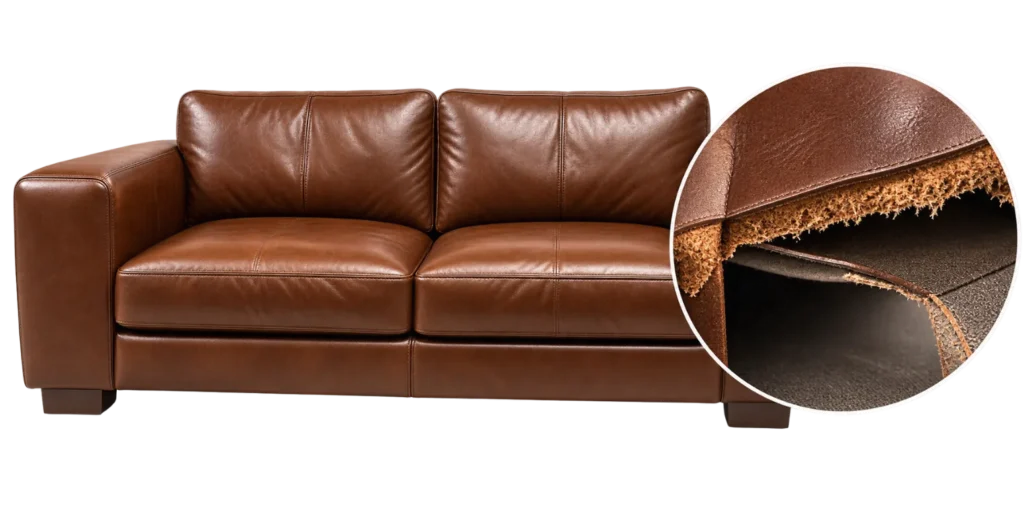 Close-up of a leather-match sofa with hide on the seat and vinyl on the outer side