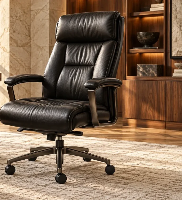 Black leather office chair after repair