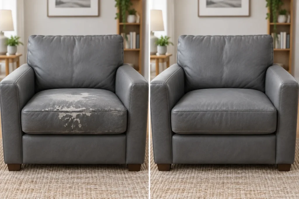 Gray armchair seat with a patched area where the coated surface had peeled