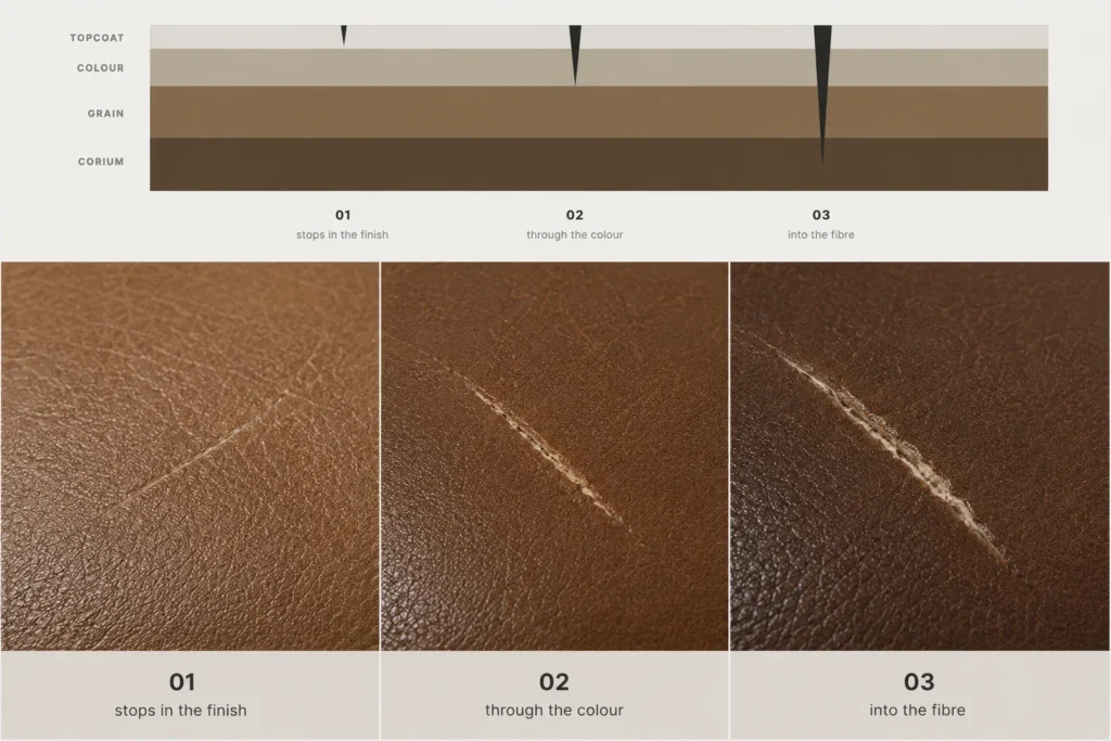 Leather cross-section showing a scratch in the finish, the color layer and the fibers