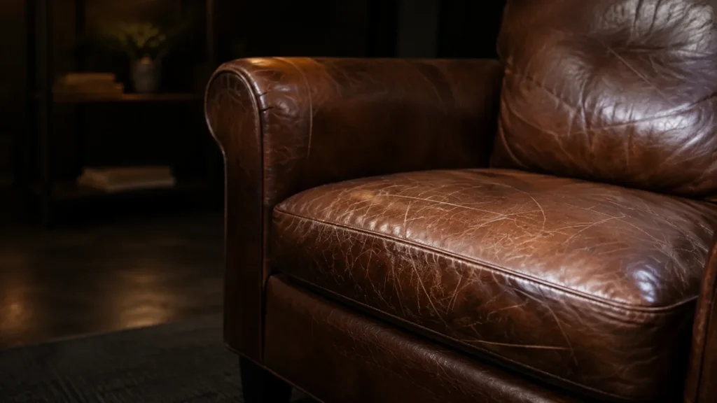 Scratched brown leather armchair in a Connecticut living room