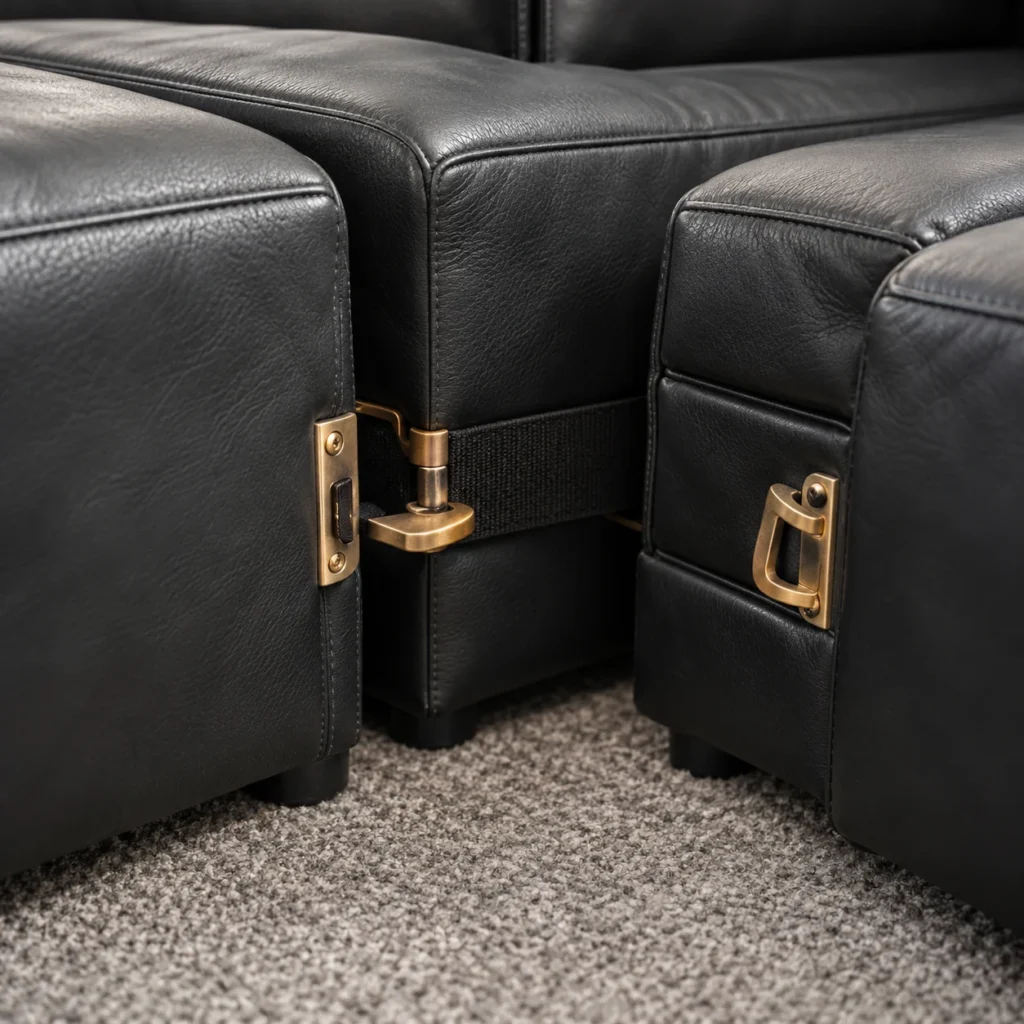 Metal bracket that links two pieces of a leather sectional