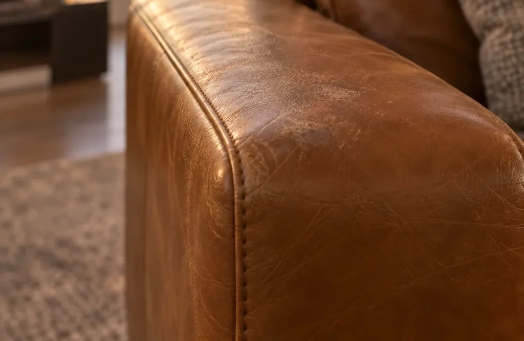 Rubbed top of a fine leather sofa arm