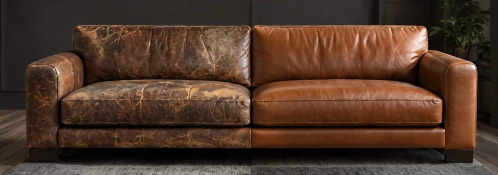 Brown leather sofa split view: cracked and faded on one half, restored on the other