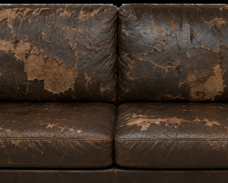 Full leather sofa shot head-on, showing worn, peeling seat cushions