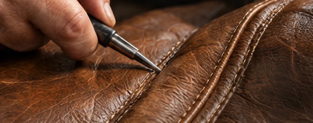 Hand repair on a leather sofa