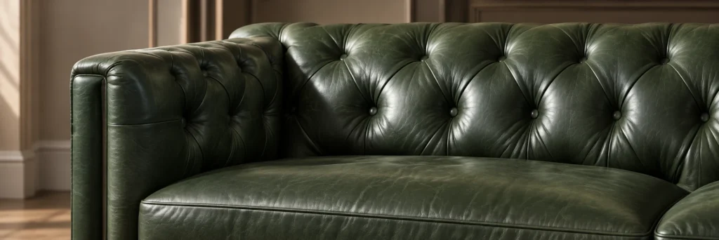 Green tufted Chesterfield reupholstered in fresh leather