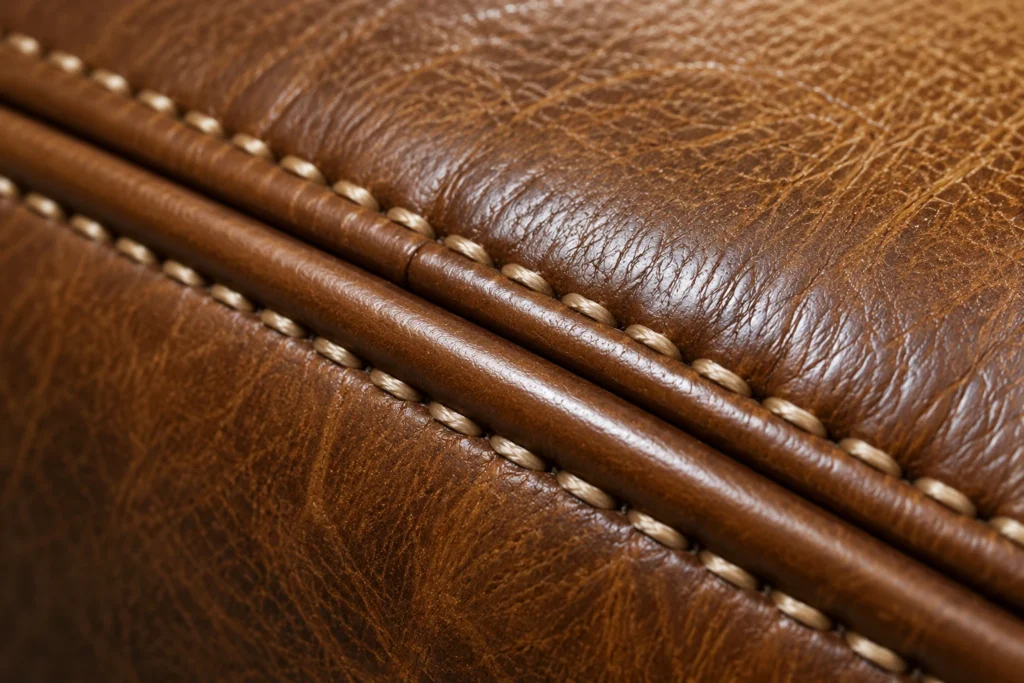 Seams and piping on a leather sofa