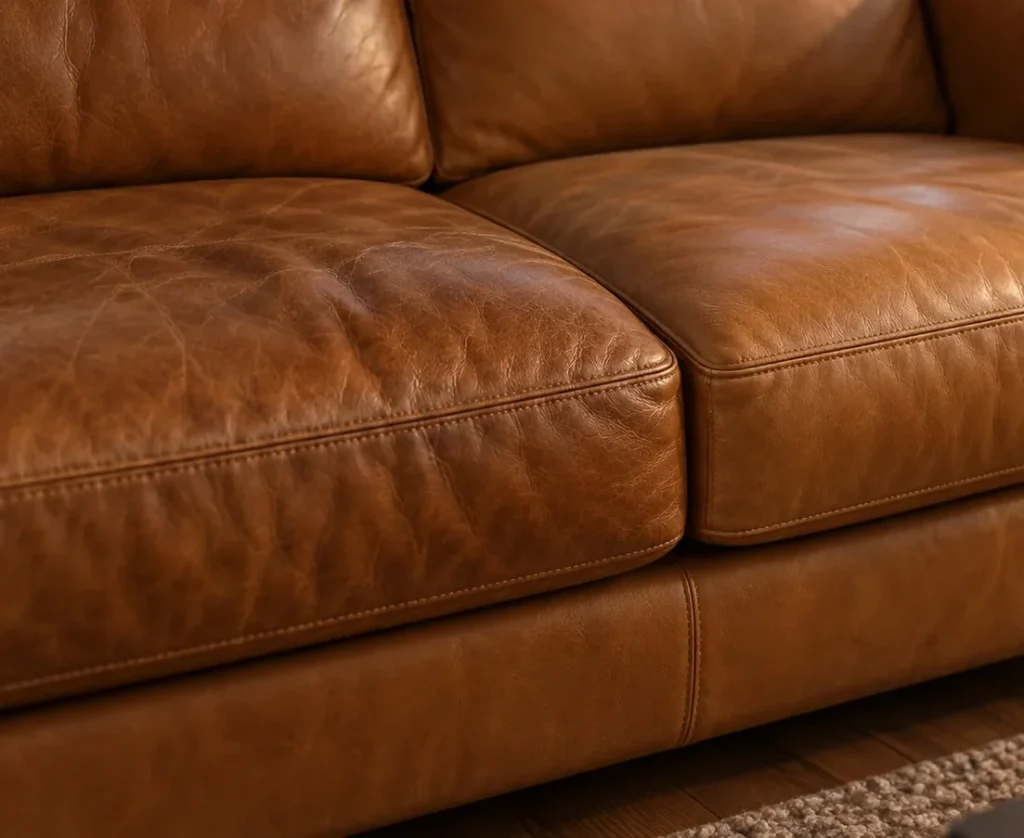 Worn tan leather sofa cushions