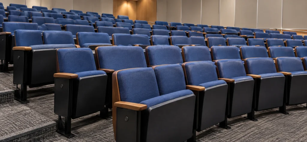 Tiered lecture seating with fold-down tablet arms