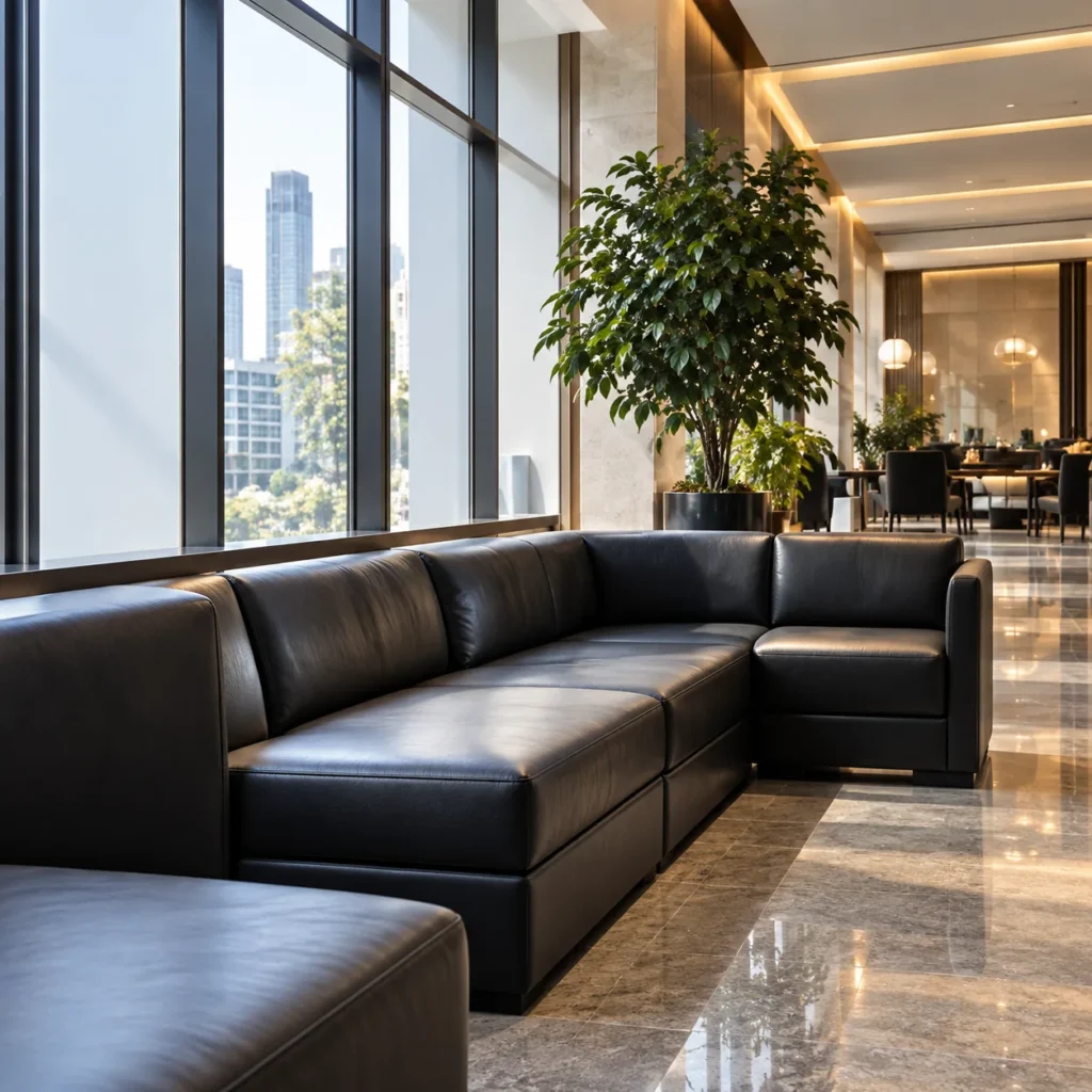 A black leather bench in a lobby