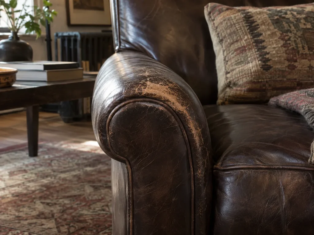 Rubbed armrests on lobby leather furniture