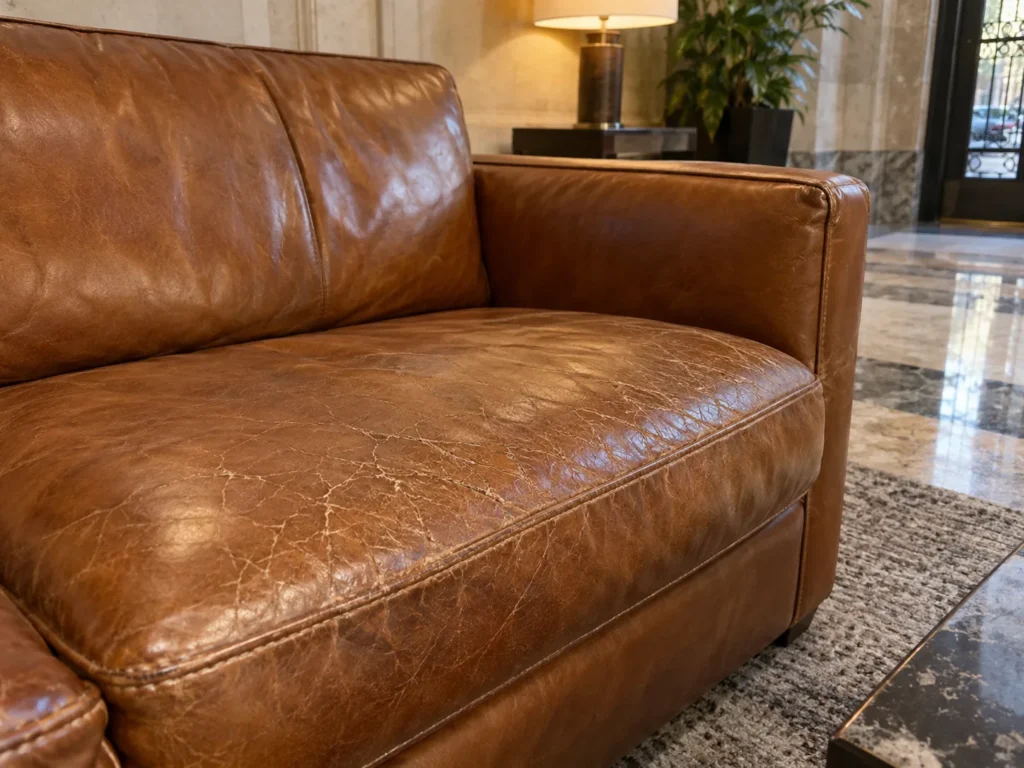 Crazed seats on lobby leather furniture