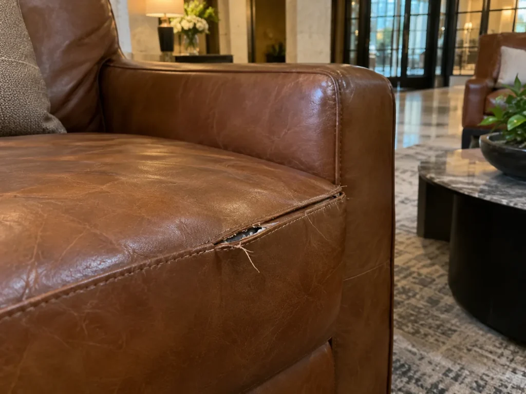Open seams on lobby leather furniture