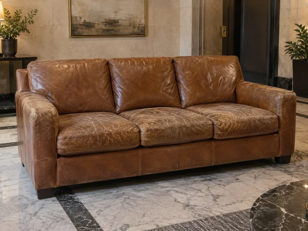 Tired cognac leather sofa in a marble lobby