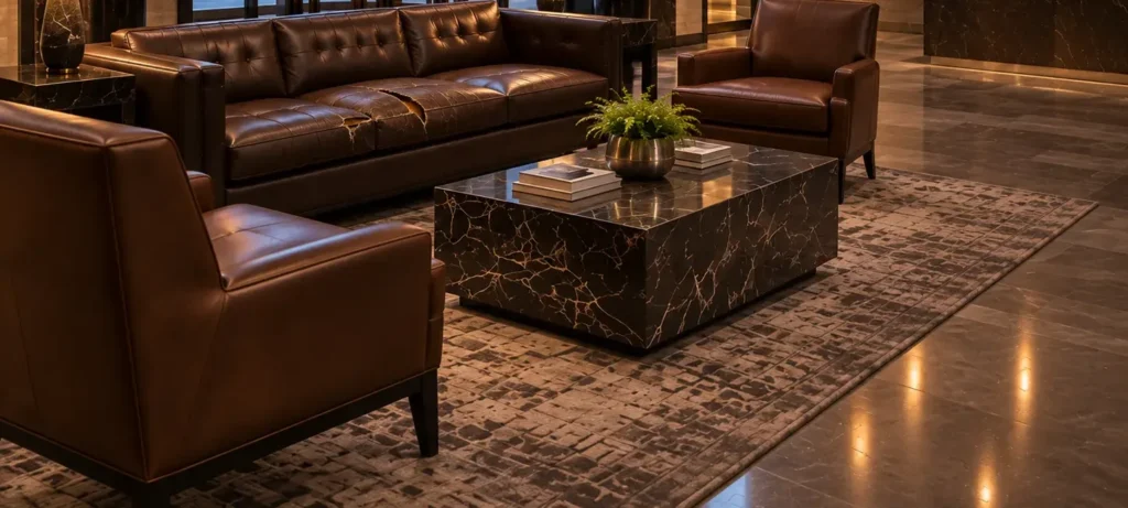 Lobby sofa with a deep rip that cleaning can no longer help