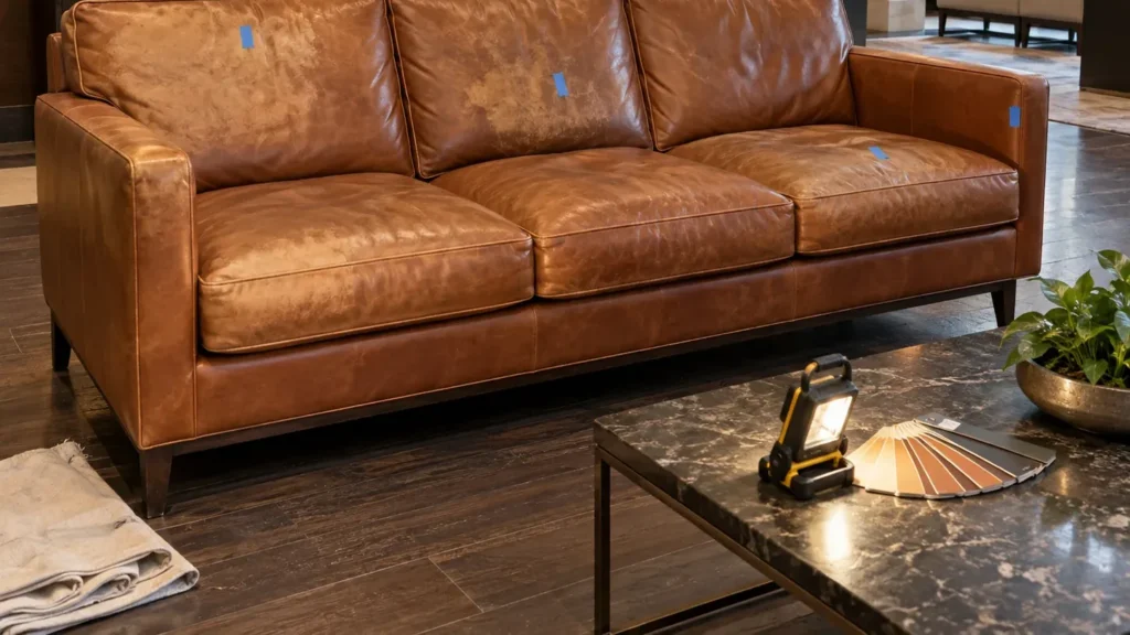 Bleached lobby sofa before restoration