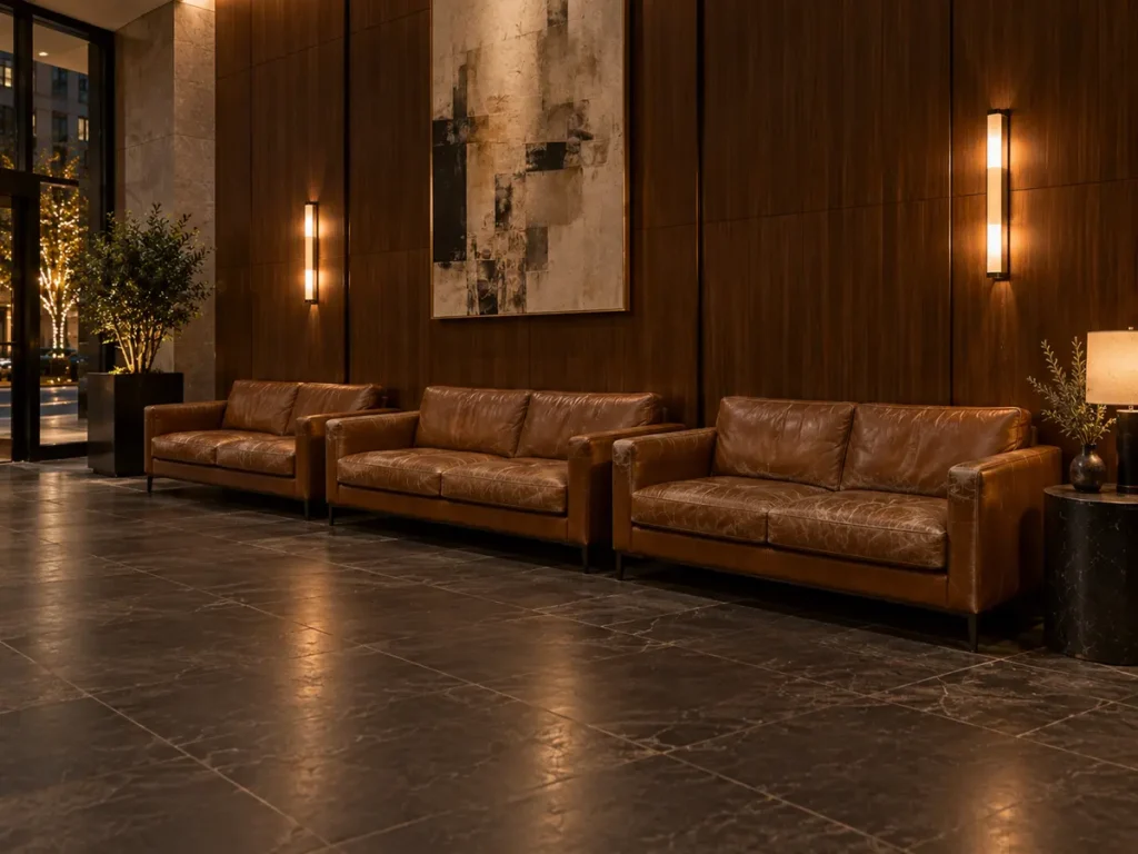 Line of lobby sofas before the refurbishment