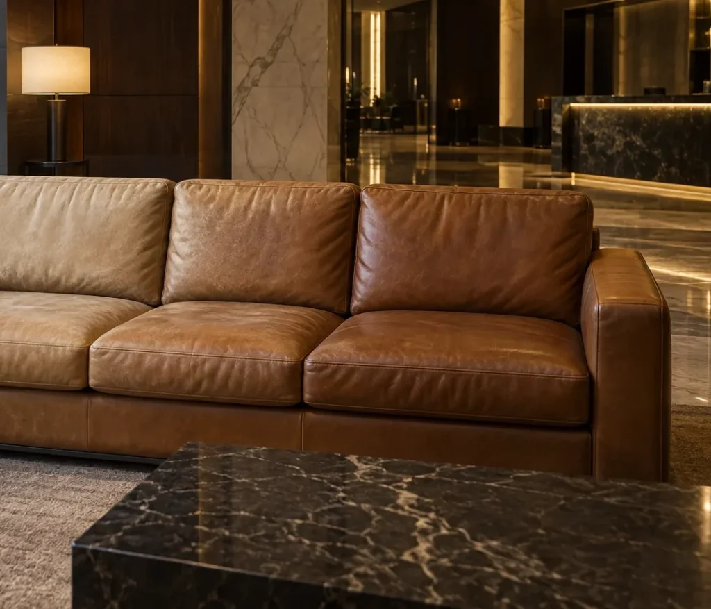 A lobby leather sofa paler on the side closest to the glass
