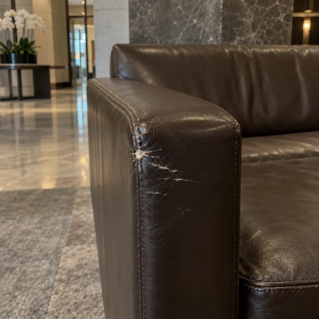 Scuff from a luggage cart on the arm of a dark leather sofa