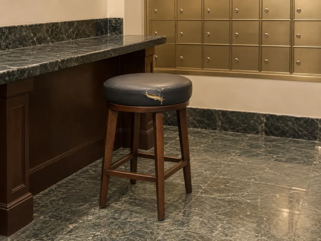 Mail room stool with a ripped seat