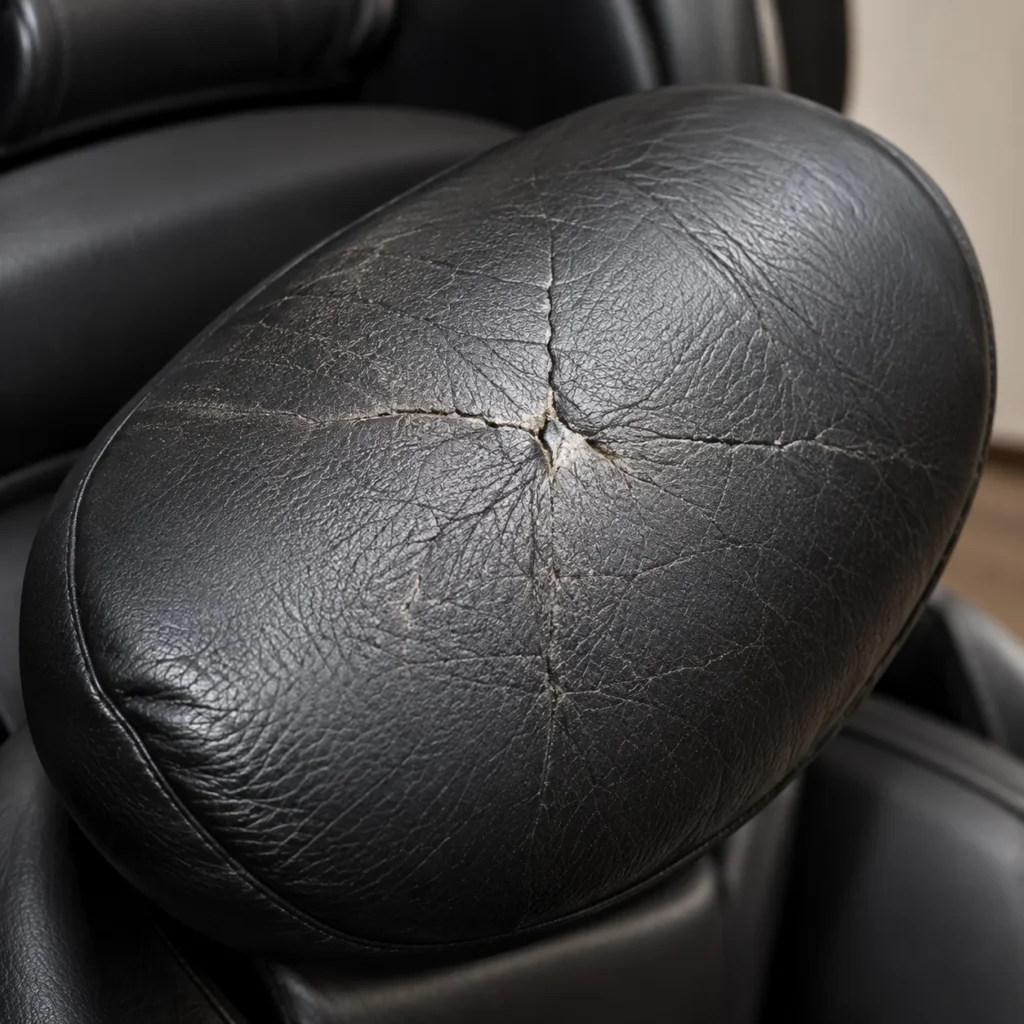 Black massage chair with cracked leather on its shoulder bolster