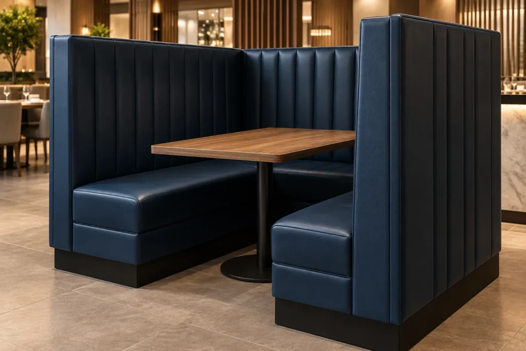 Navy back-to-back booths with a table between