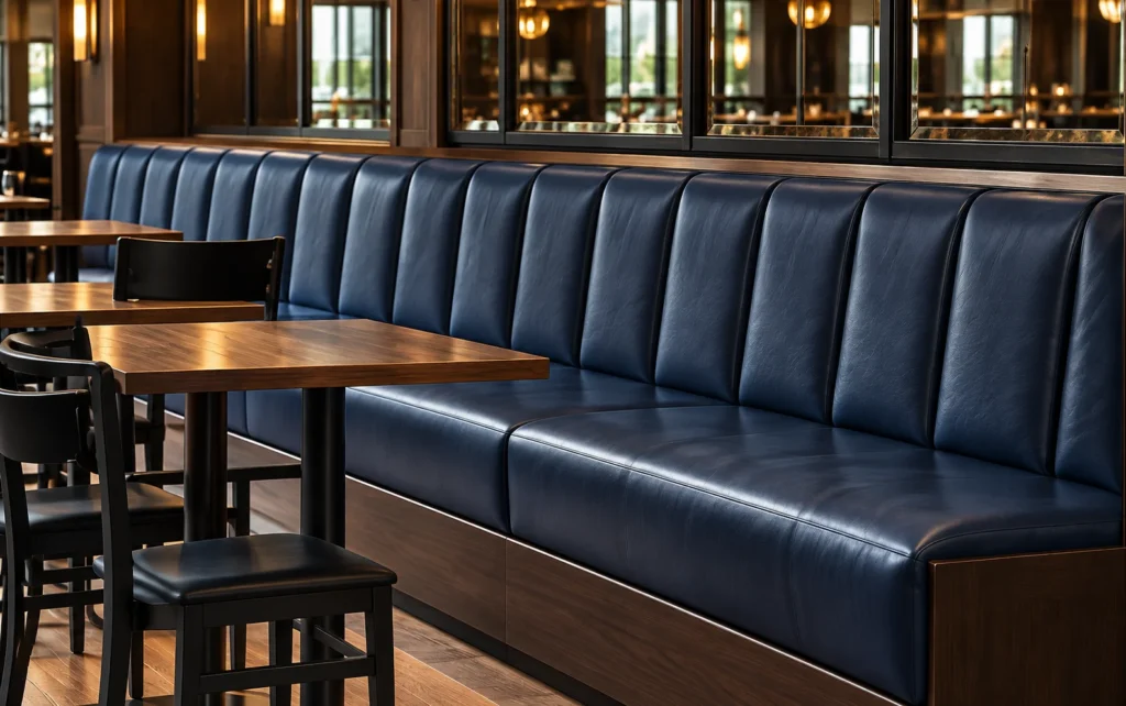 A navy leather booth in a restaurant