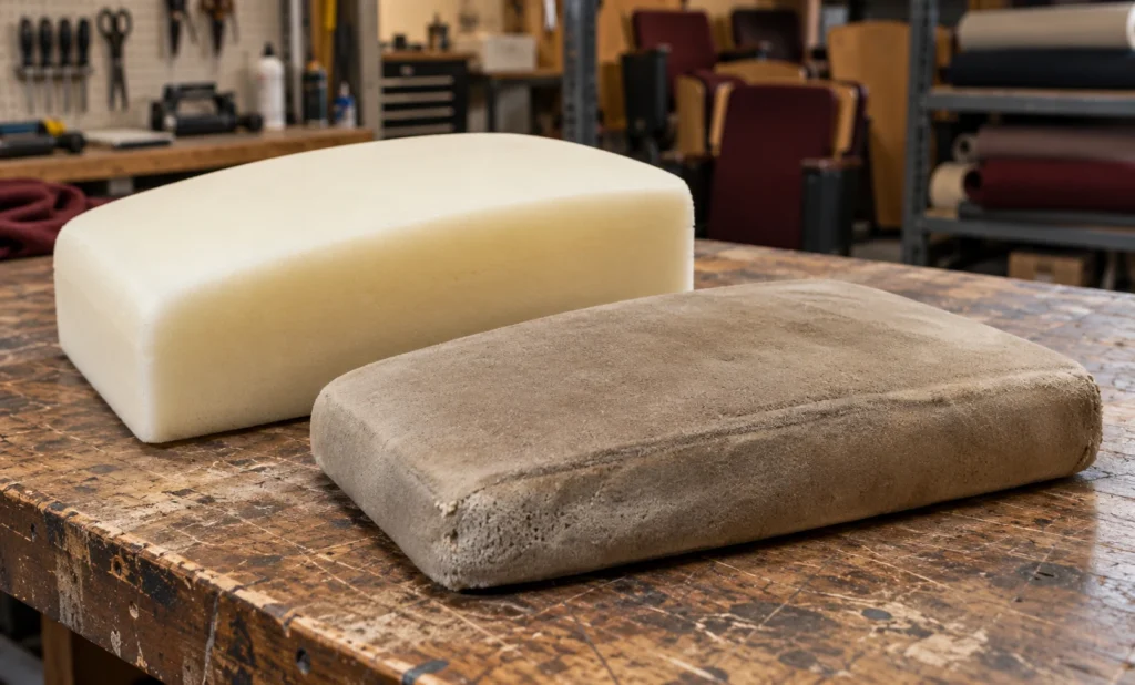 Old and new theater seat foam blocks compared