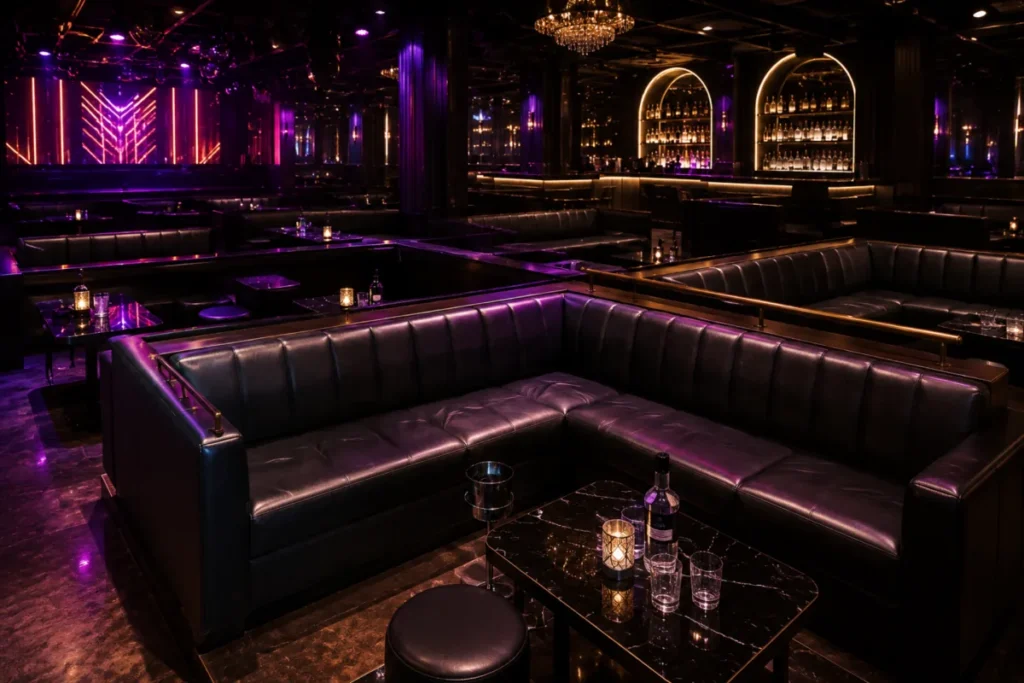 Black vinyl banquettes under purple light in a club