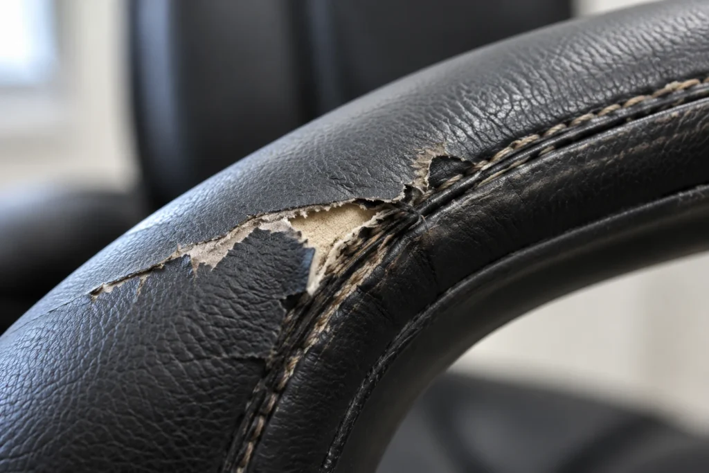 Armrest on an office chair with its surface layer peeling off