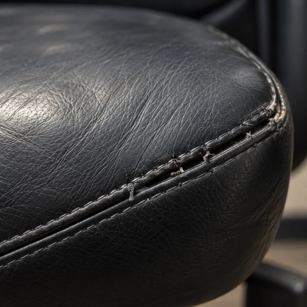 Office chair seat edge in leather, scuffed, with tired stitching