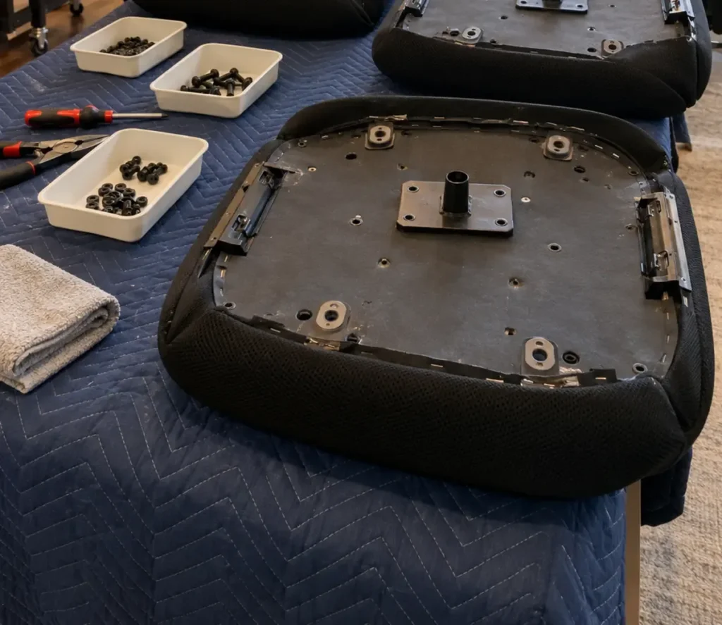 Black seat pads removed and laid on a work table