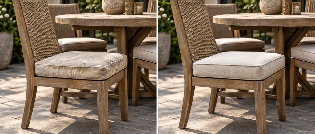 Outdoor dining chair before and after, with its creased pad swapped out