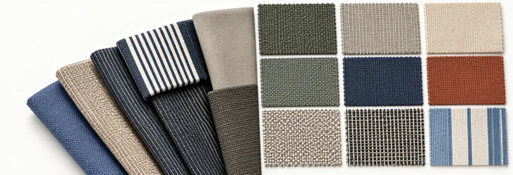 Outdoor fabric swatch fan next to striped and woven samples