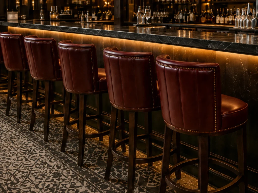 A row of oxblood leather bar stools along a counter