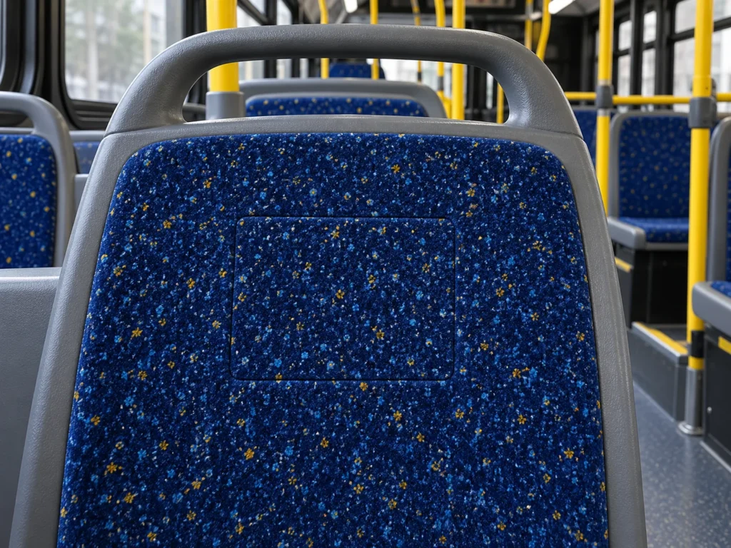 A mended bus seat back where the patch follows the fabric pattern