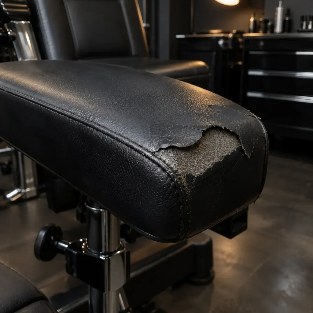 Arm pad peeling on a tattoo chair