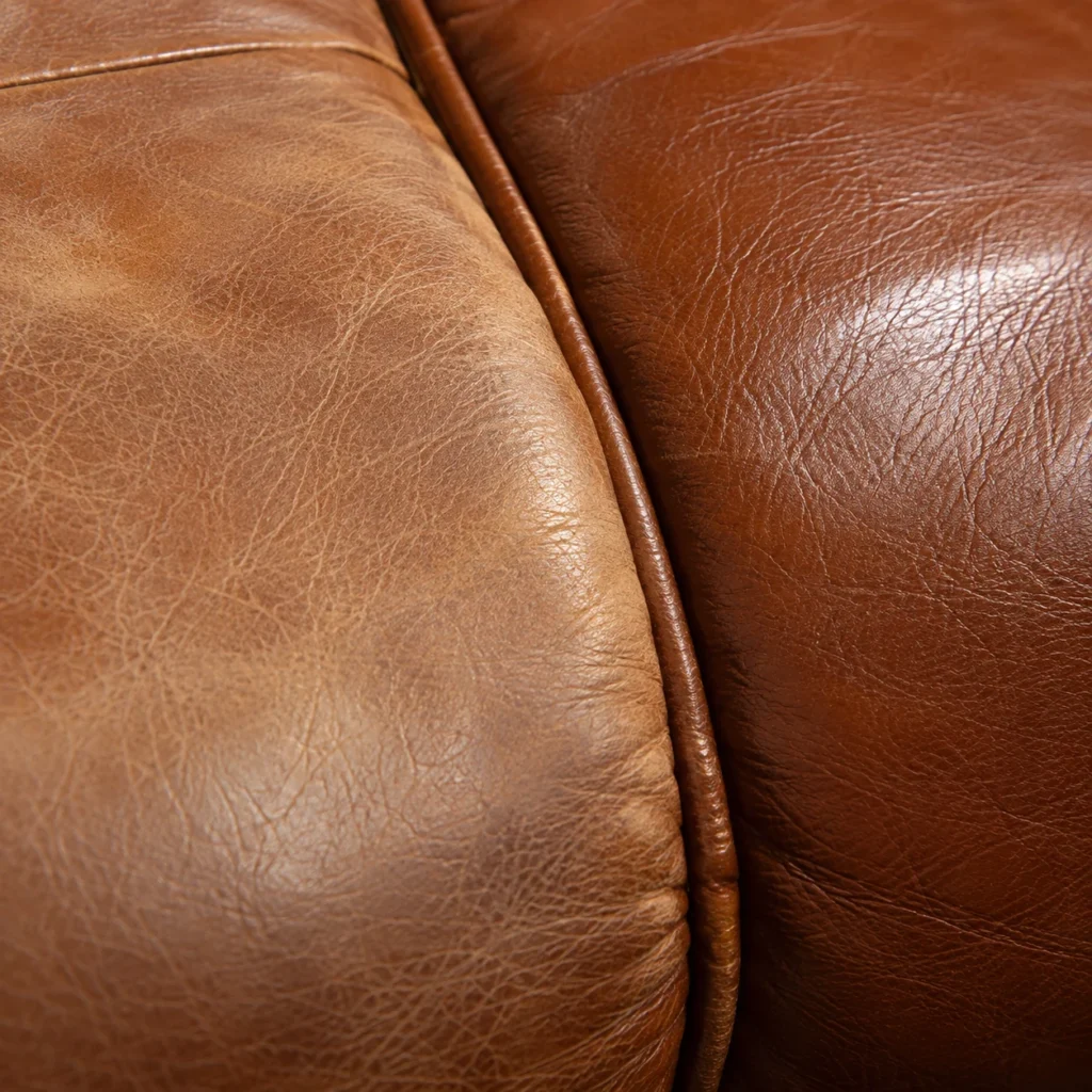 A faded leather panel beside one that kept its color