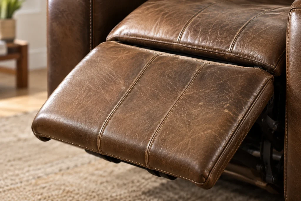 A recliner footrest panel with cracked leather