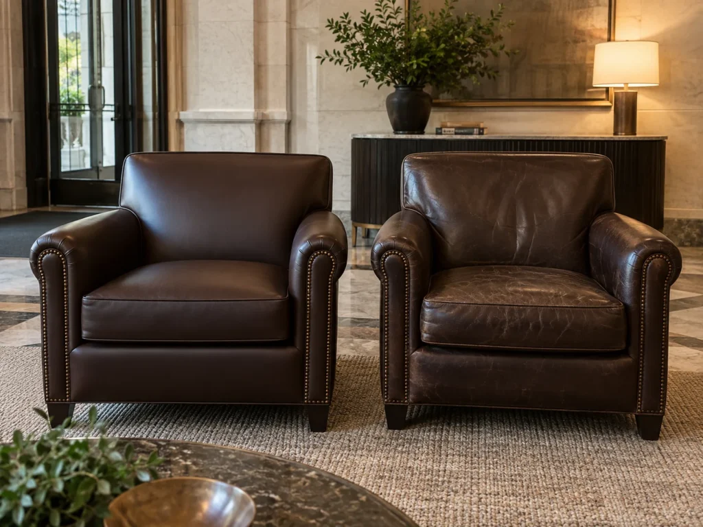 Freshly re-covered leather armchair next to an original armchair