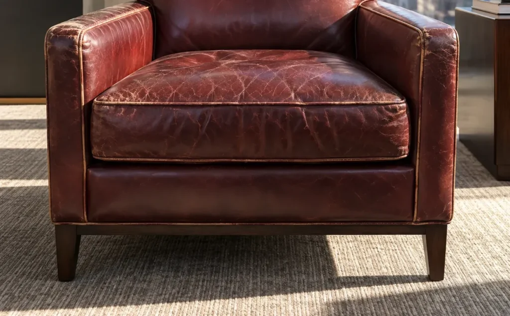 A red leather armchair with cracking before repair