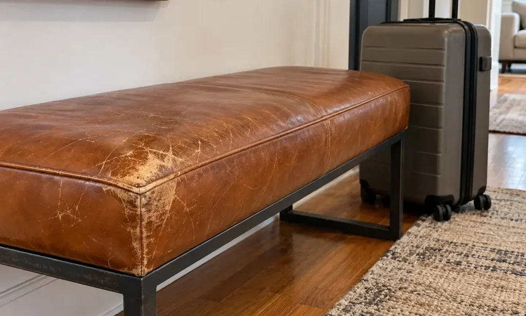 Worn leather bench by the door next to a guest's suitcase