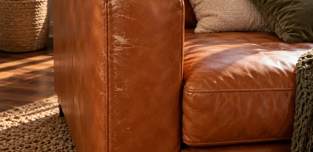 Leather sofa arm with luggage scuffs, before repair