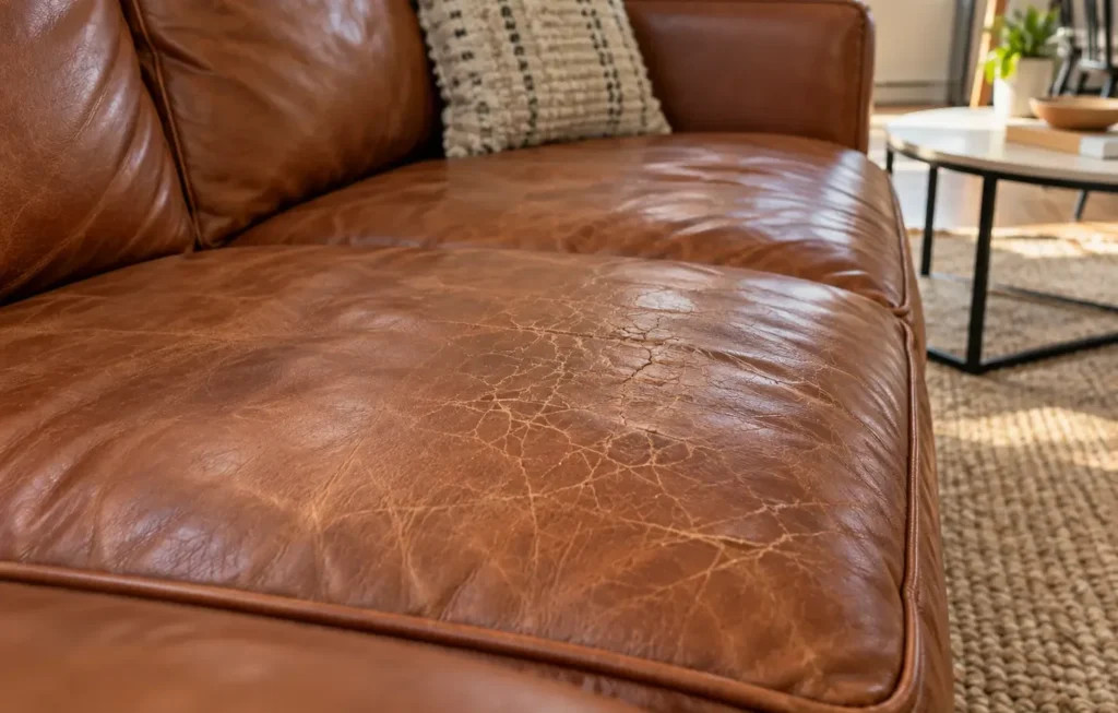 Cracked leather sofa cushion worn by rental guests