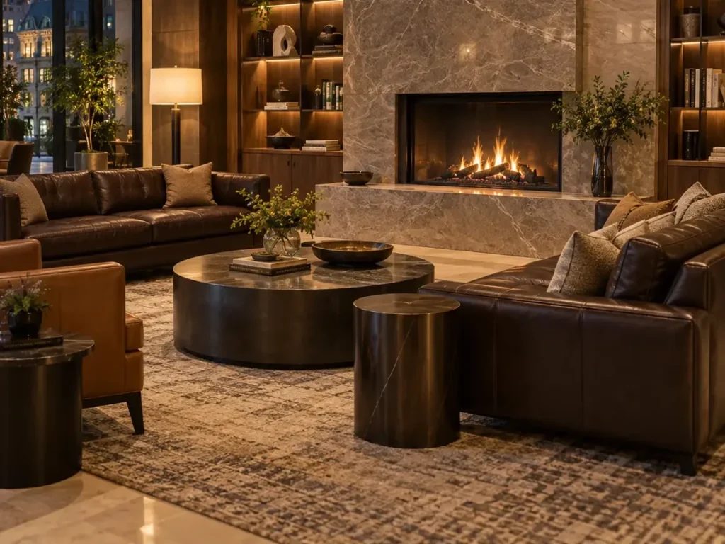 Sofas and armchairs around a fireplace in a residents' clubhouse