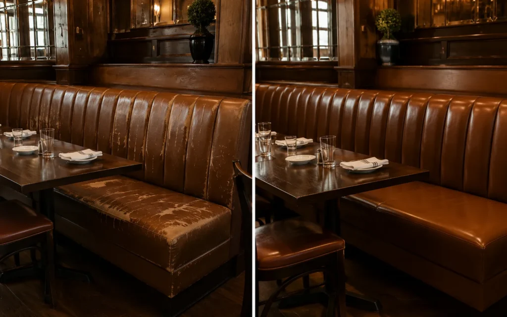 A brown leather banquette before and after repair