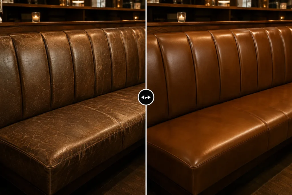 A brown channel-back banquette before and after restoration